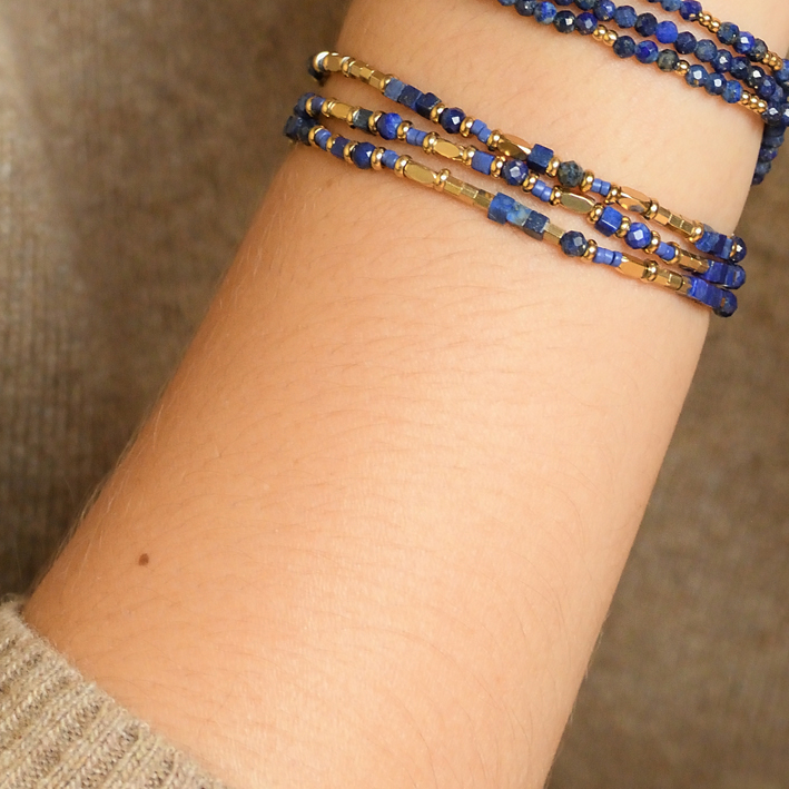 Bracelet en acier inoxydable doré 3 tours  pierres naturelles lapis lazuli photo