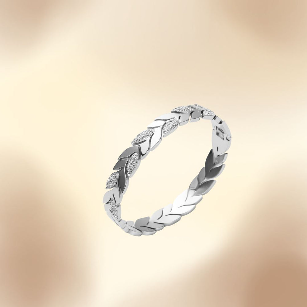 Bracelet en acier inoxydable  feuille avec strass version doré ou argenté