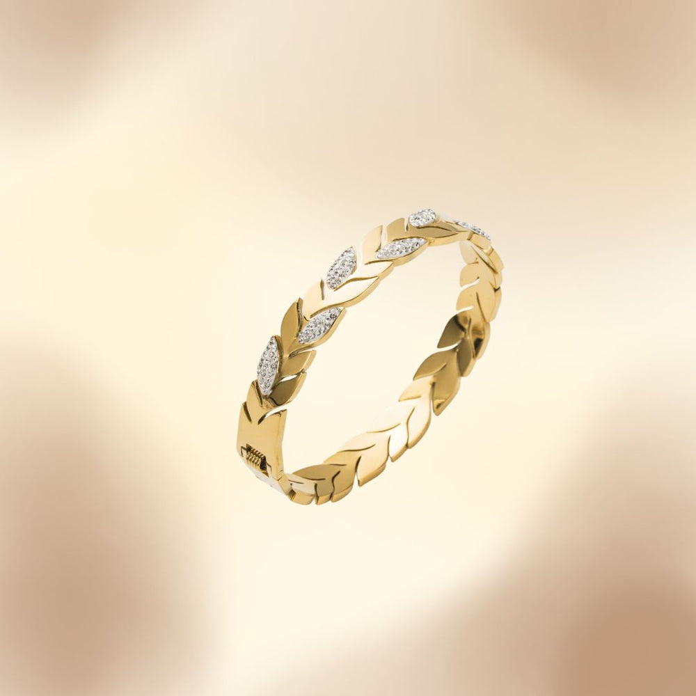 Bracelet en acier inoxydable  feuille avec strass version doré ou argenté