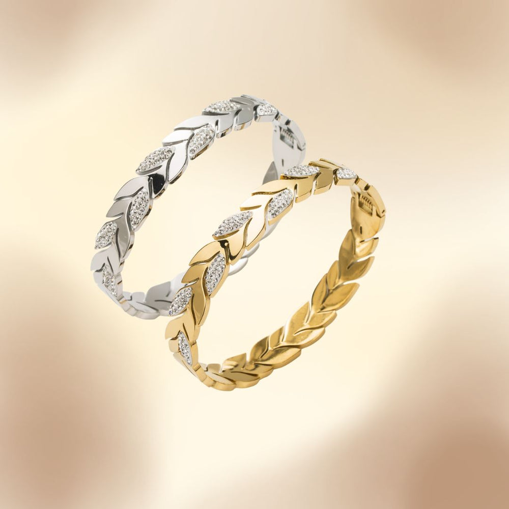 Bracelet en acier inoxydable  feuille avec strass version doré ou argenté