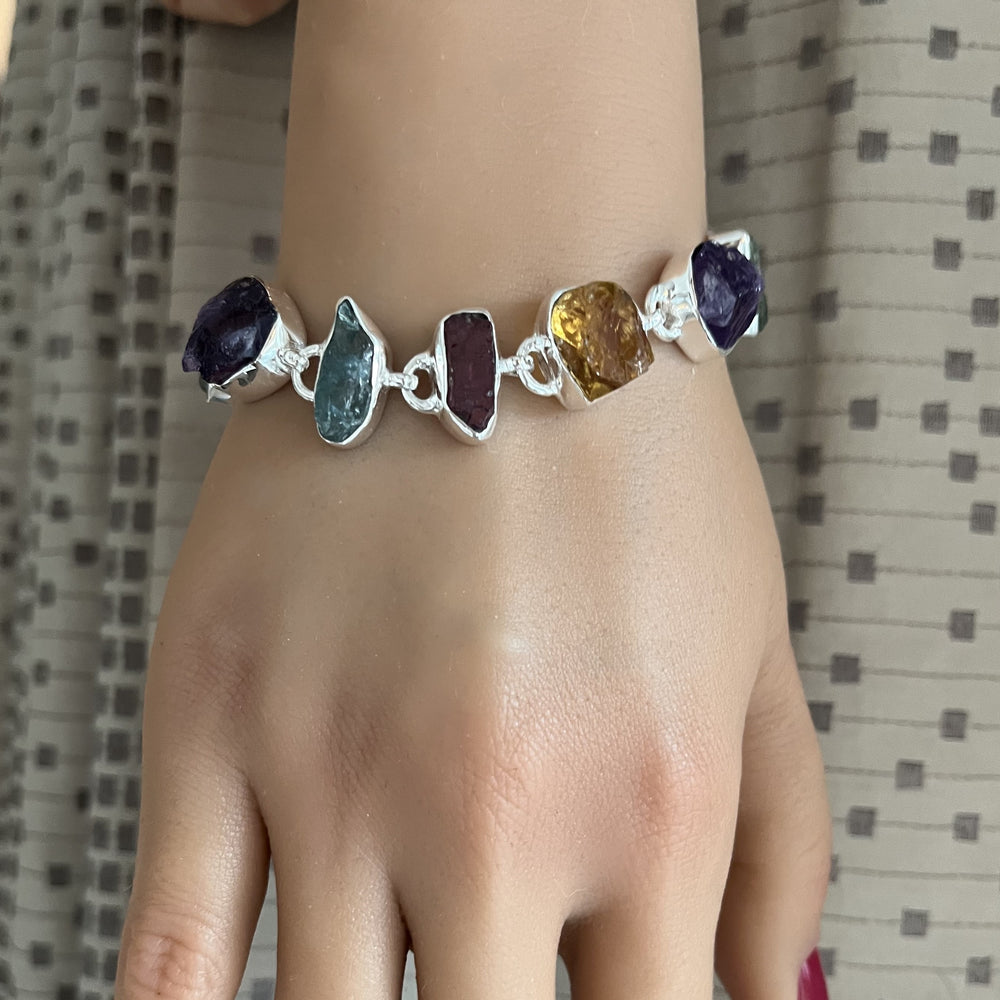 Bracelet argent 925 pierres naturelles brutes Améthyste, apatite bleue, citrine, tourmaline