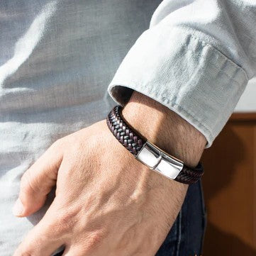 Bracelet homme cuir tressé noir et brun avec fermoir acier inoxydable 316L