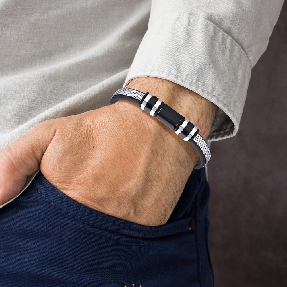 Bracelet homme en cuir noir et acier inoxydable 316L –  fermoir aimanté