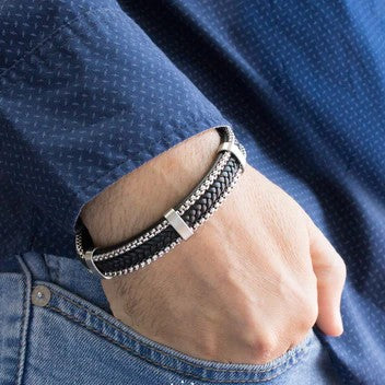 Bracelet homme cuir noir et acier inoxydable 316L avec chaîne décorative