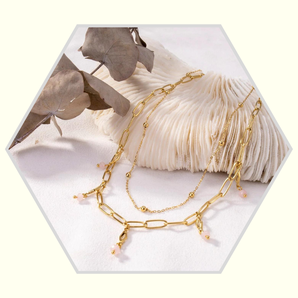 Collier en acier inoxydable doré  2 rangs / Pierres naturelles