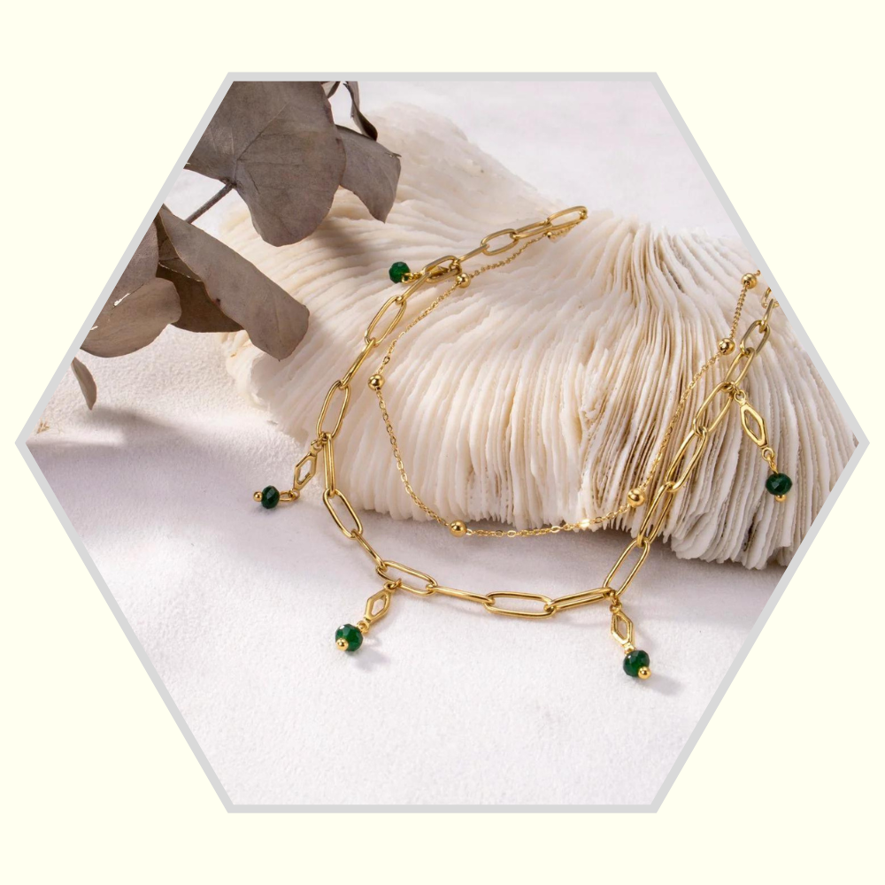 Collier en acier inoxydable doré  2 rangs / Pierres naturelles