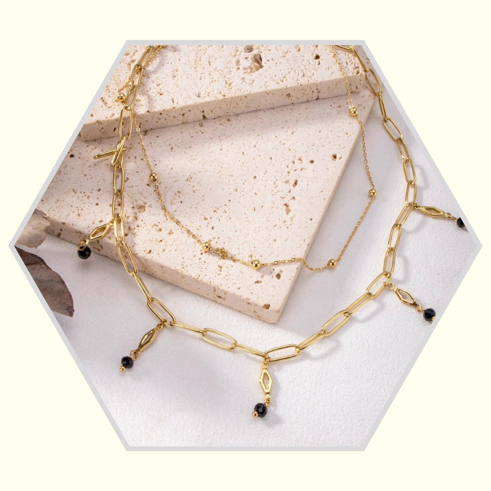 Collier en acier inoxydable doré  2 rangs / Pierres naturelles