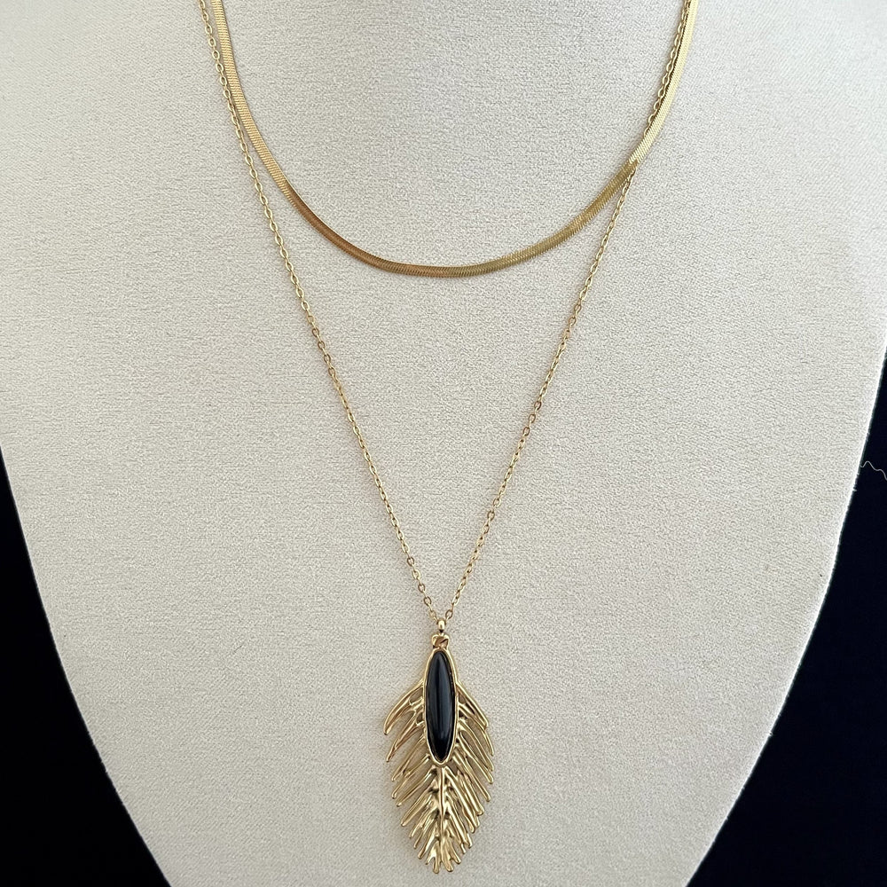 Collier en acier inoxydable doré ensemble 2 chaînes / plume avec onyx