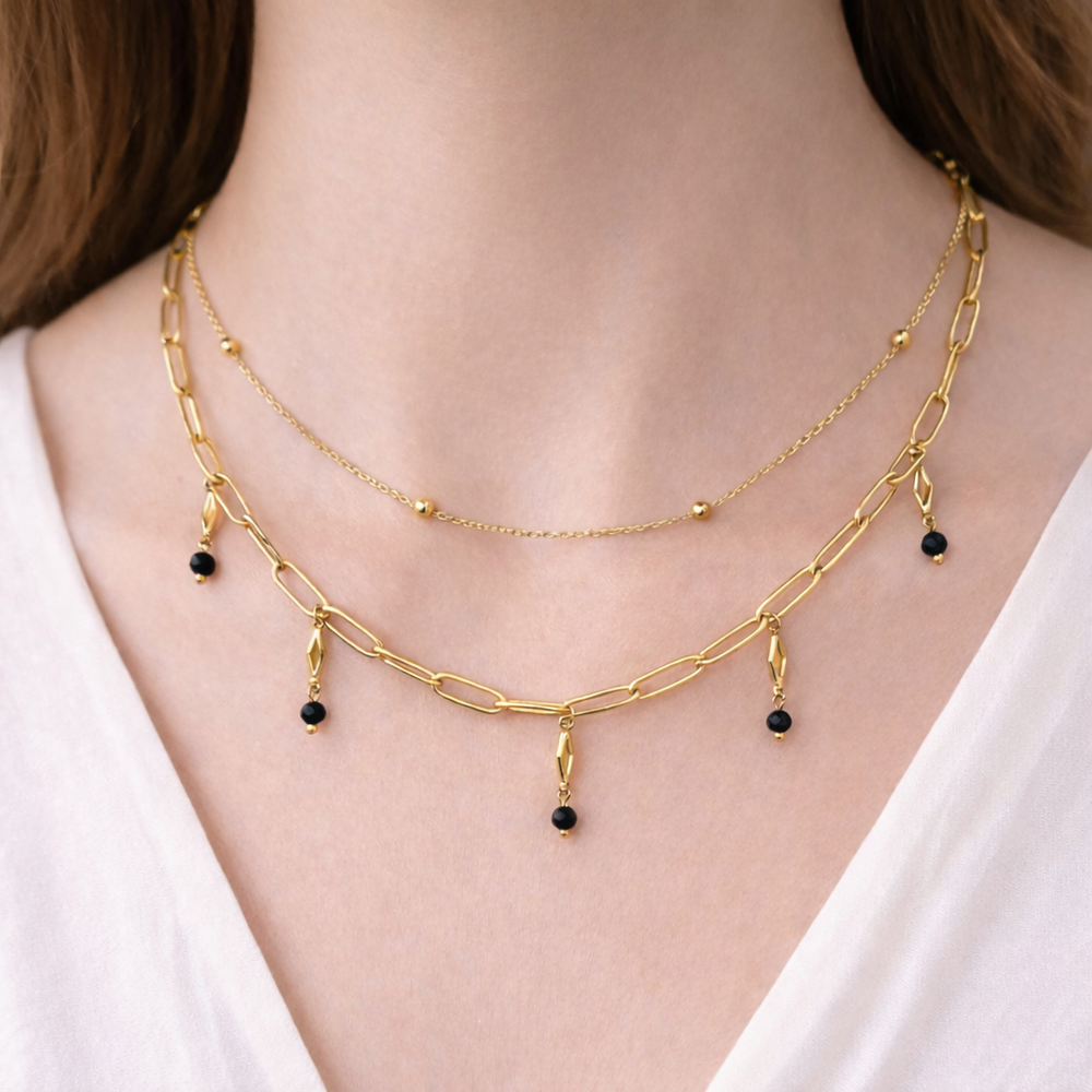 Collier en acier inoxydable doré  2 rangs / Pierres naturelles