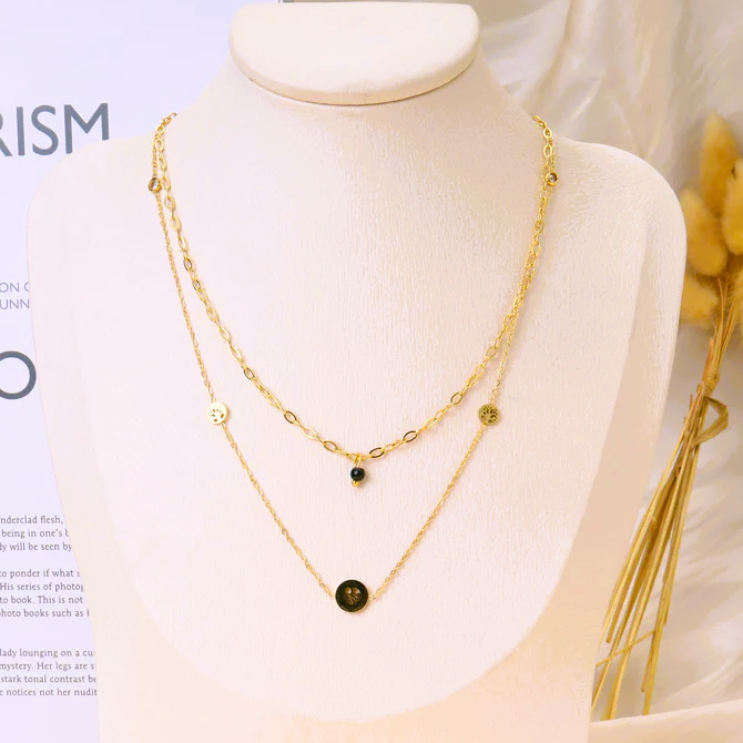 Collier en acier inoxydable doré  2 rangs "Arbre de vie" strass & perle synthétique