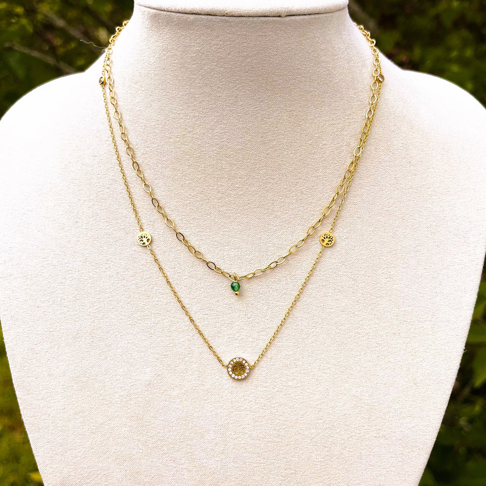 Collier en acier inoxydable doré  2 rangs "Arbre de vie" strass & perle synthétique