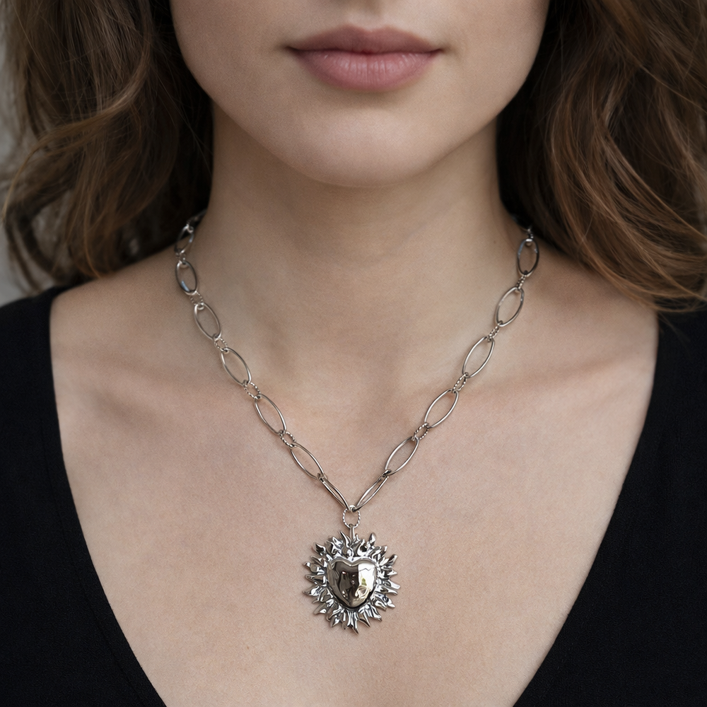 Collier soleil & cœur en acier inoxydable