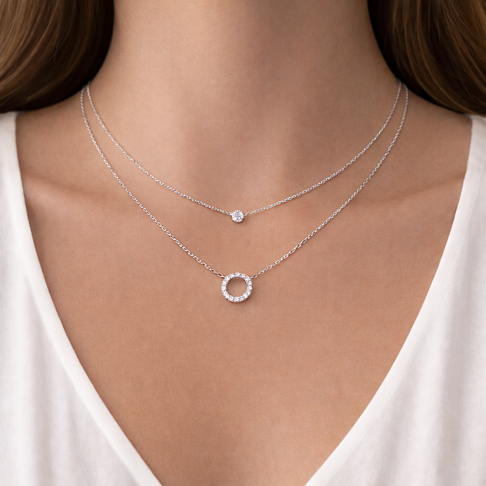 Collier double en argent 925 rhodié serti de zirconia