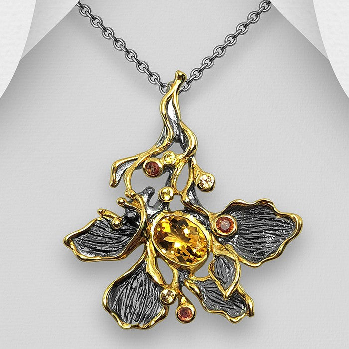 Halskette aus 22 Karat vergoldetem Silber und Ruthenium / orangefarbener Saphir, gelber Saphir und Citrin / längenverstellbar 