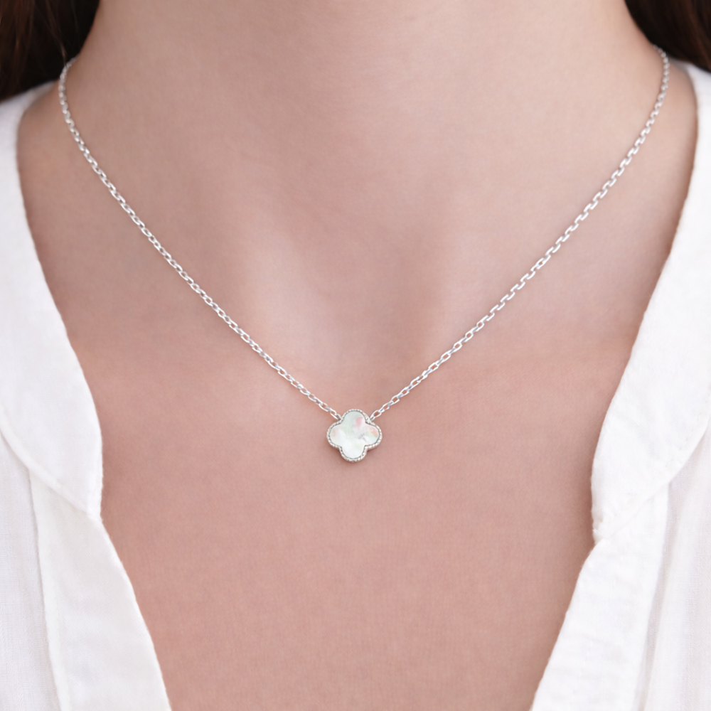 Collier trèfle en argent 925  - Nacre blanche - Longueur ajustable