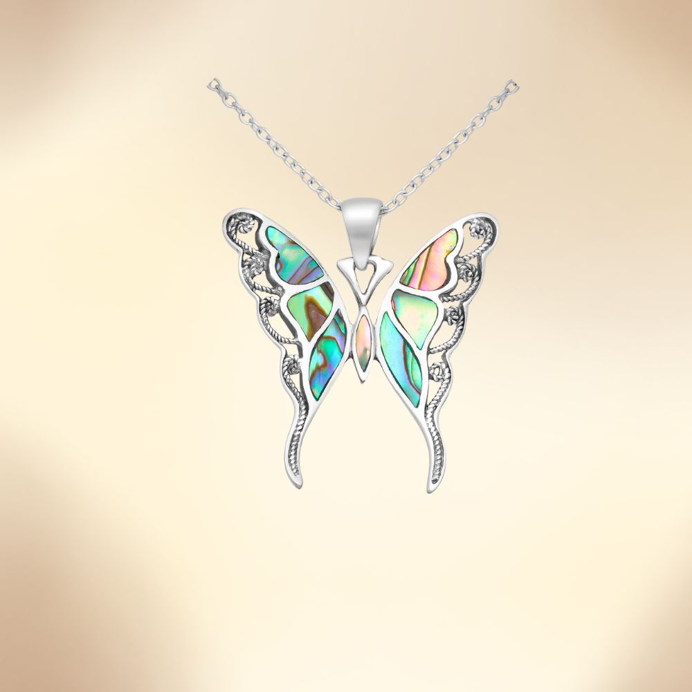 Pendentif papillon en argent 925 avec nacre abalone aux reflets irisés