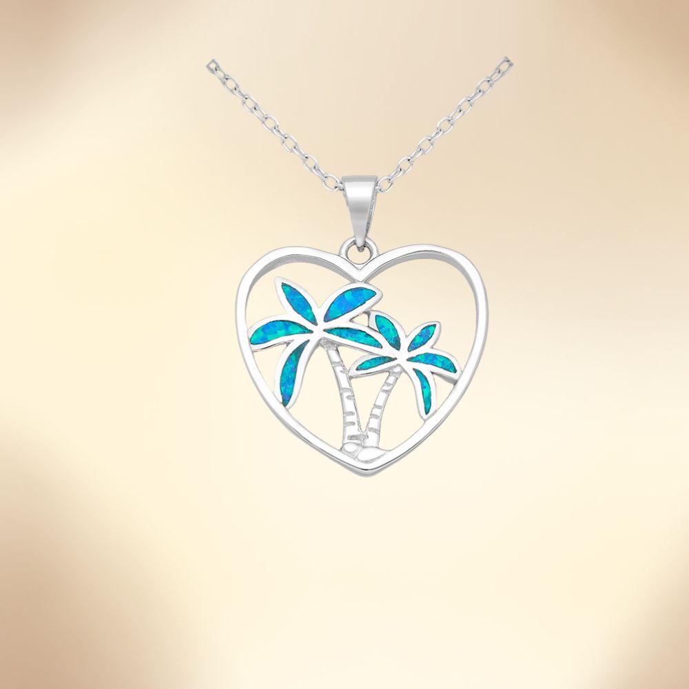 Pendentif cœur en argent 925 avec palmiers et opale synthétique aux reflets bleutés