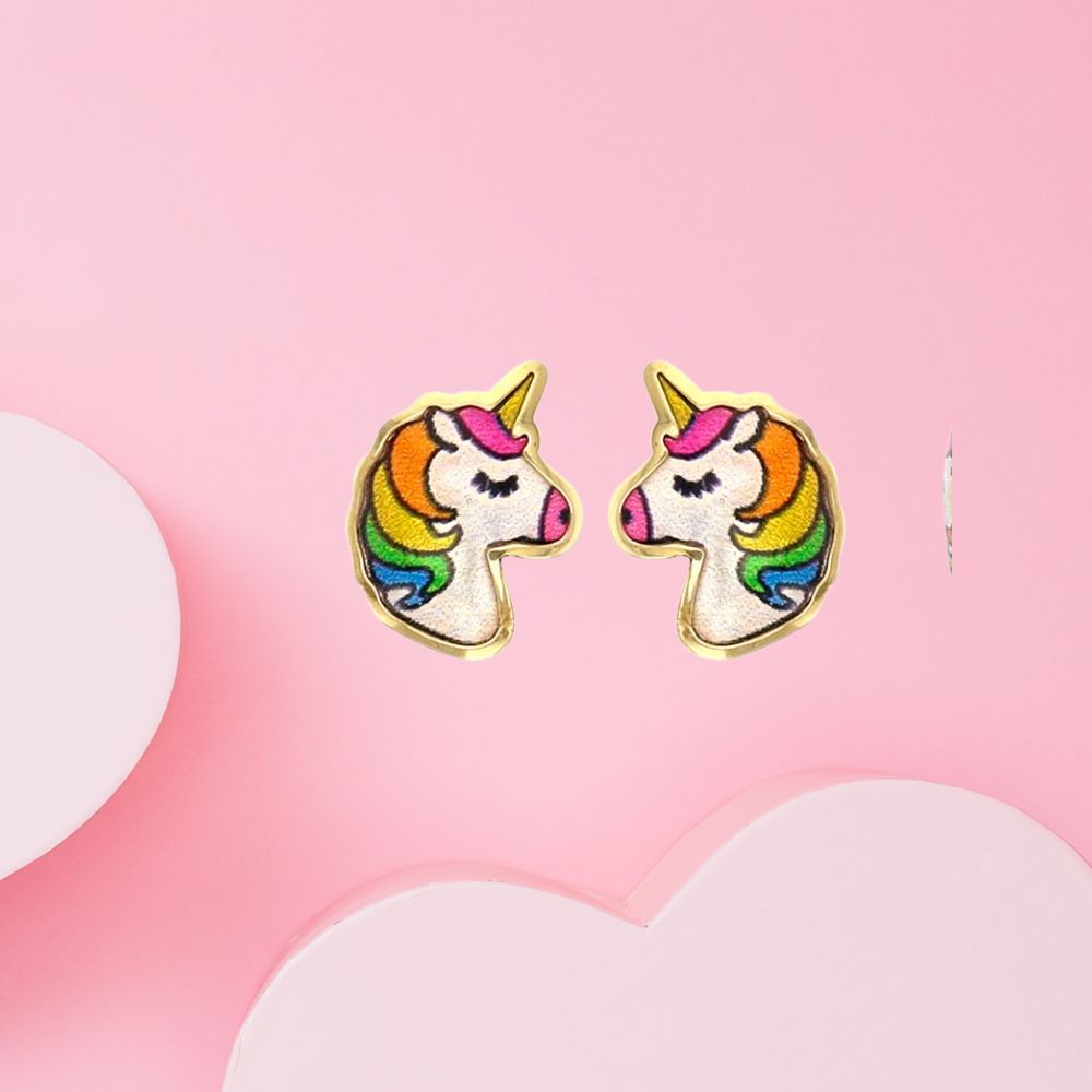 Boucles d'oreilles enfant licorne émaillée  en or 9k 