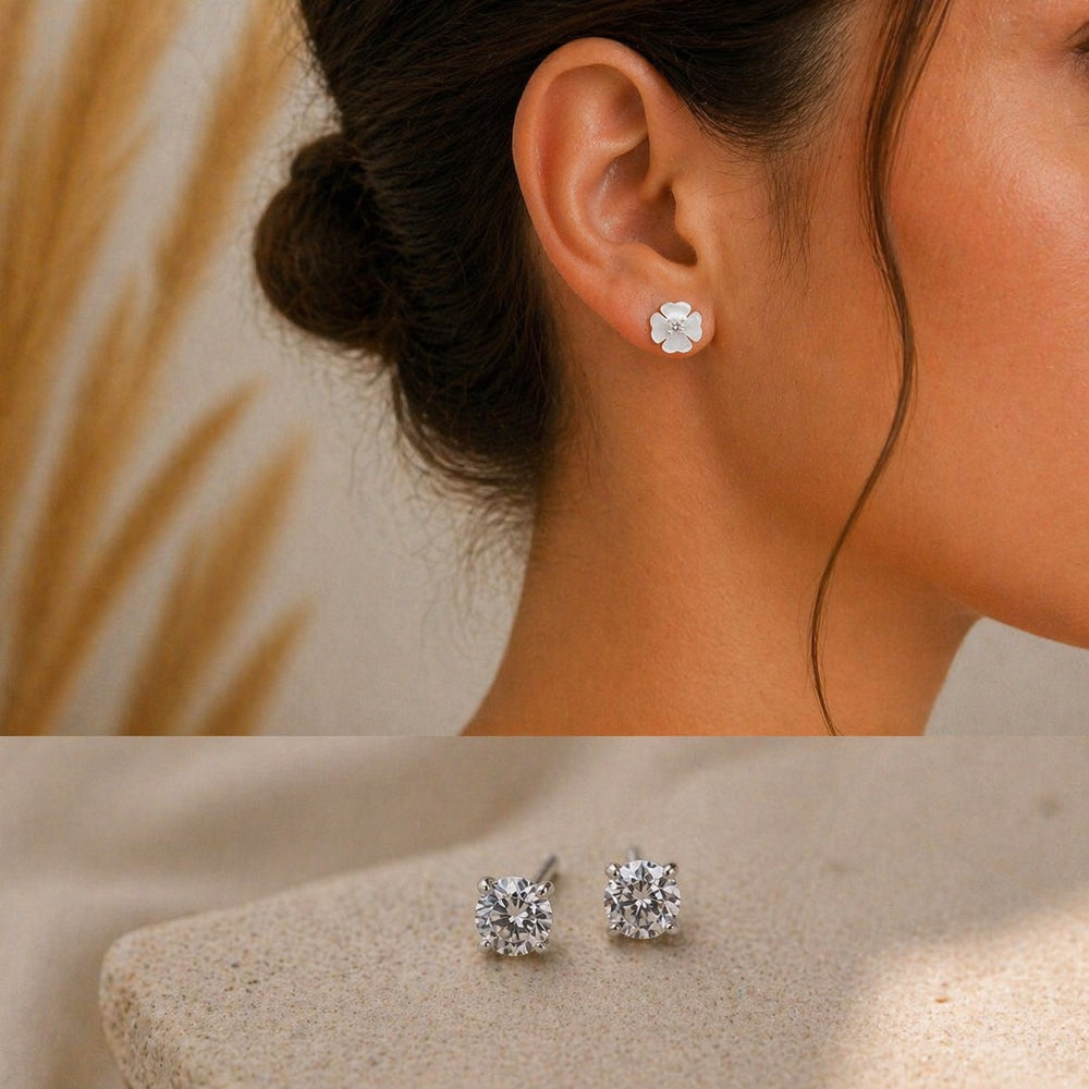 Boucles d’oreilles argent 925 nacre fleur zirconia ensemble de deux photos