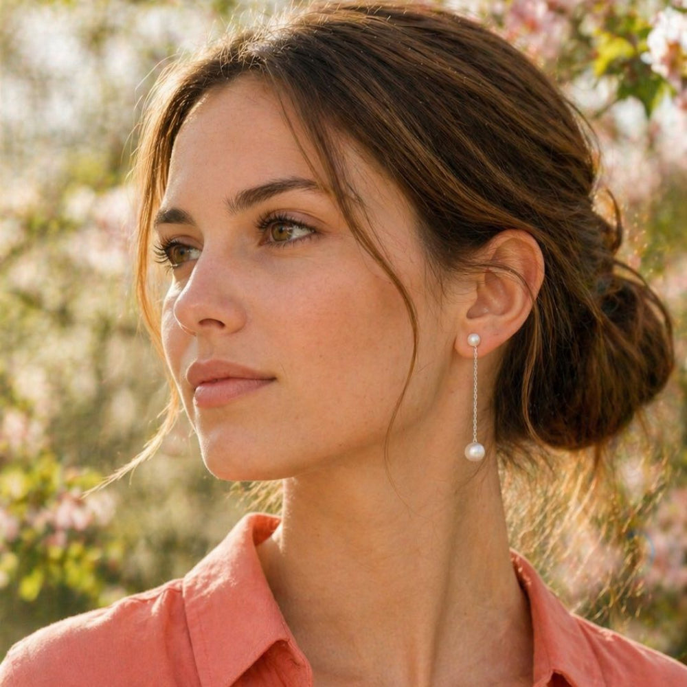 Boucles d’oreilles pendantes argent 925 avec perles d'eau douce porté