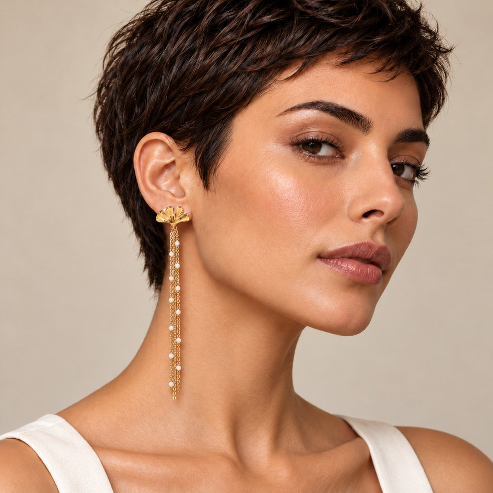 Boucles d'oreilles pendantes feuille de ginko en acier inoxydable doré - résine colorée