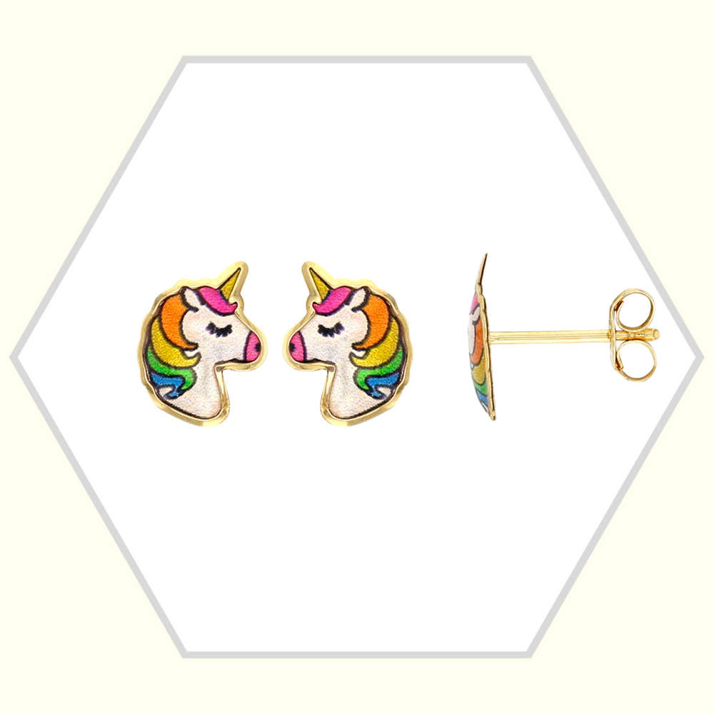 Boucles d'oreilles licorne en or jaune 9k - Email coloré 🦄