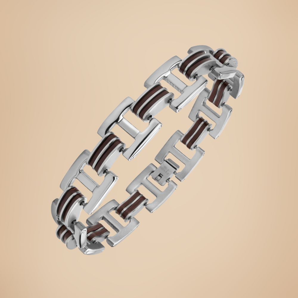 Bracelet homme en acier inoxydable 316L et résine brune à maillons argentés.