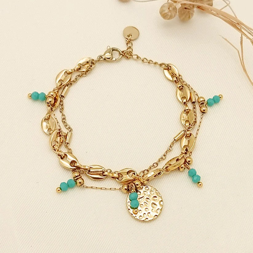 Bracelet triple chaînes acier inoxydable doré avec cristaux vert turquoise