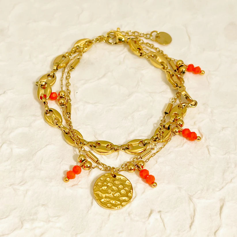 Bracelet triple chaînes acier inoxydable doré avec cristaux orange