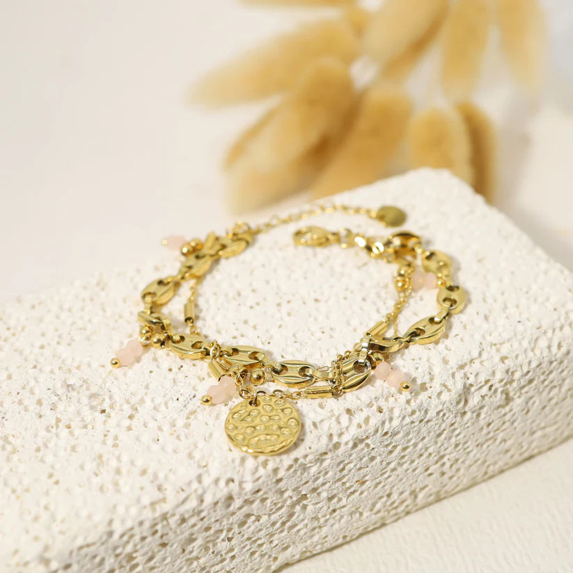 Bracelet triple chaînes acier inoxydable doré avec cristaux rose pâle