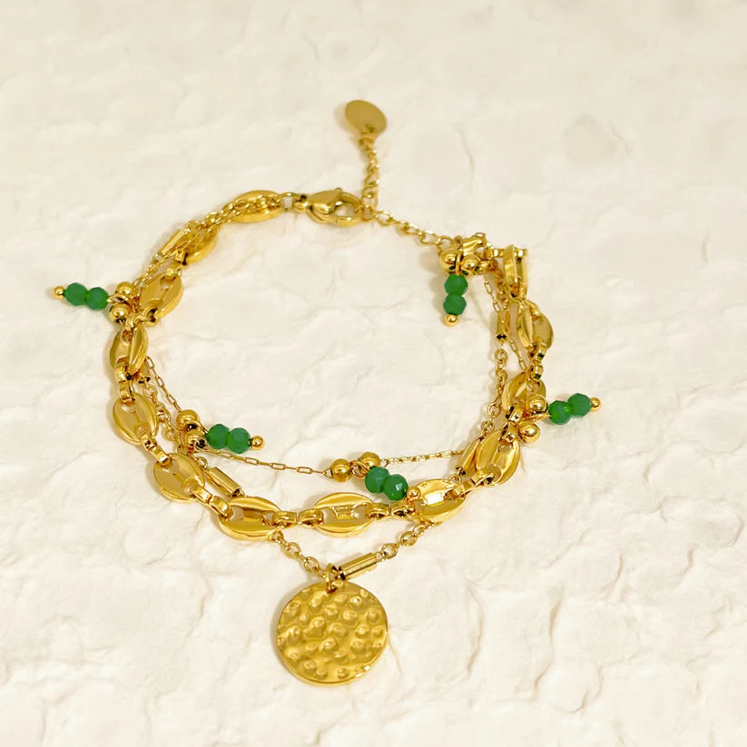 Bracelet triple chaînes acier inoxydable doré avec cristaux vert