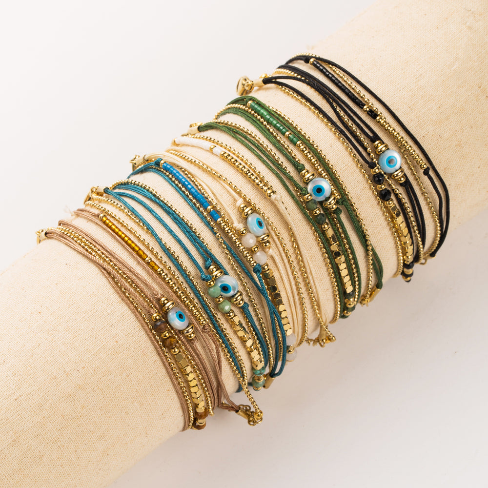 Bracelet en acier inoxydable 3 tours avec motif œil et pierres naturelles 