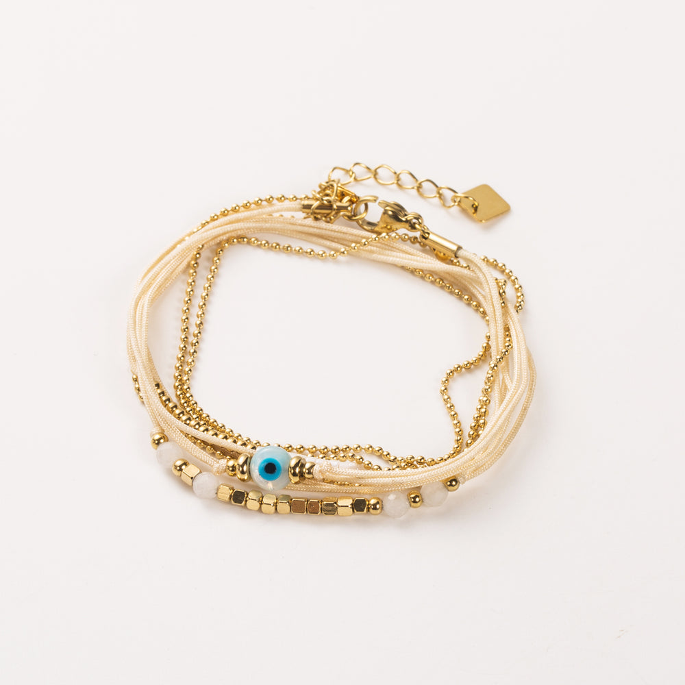 Bracelet en acier inoxydable 3 tours avec motif œil et pierres naturelles agate blanche