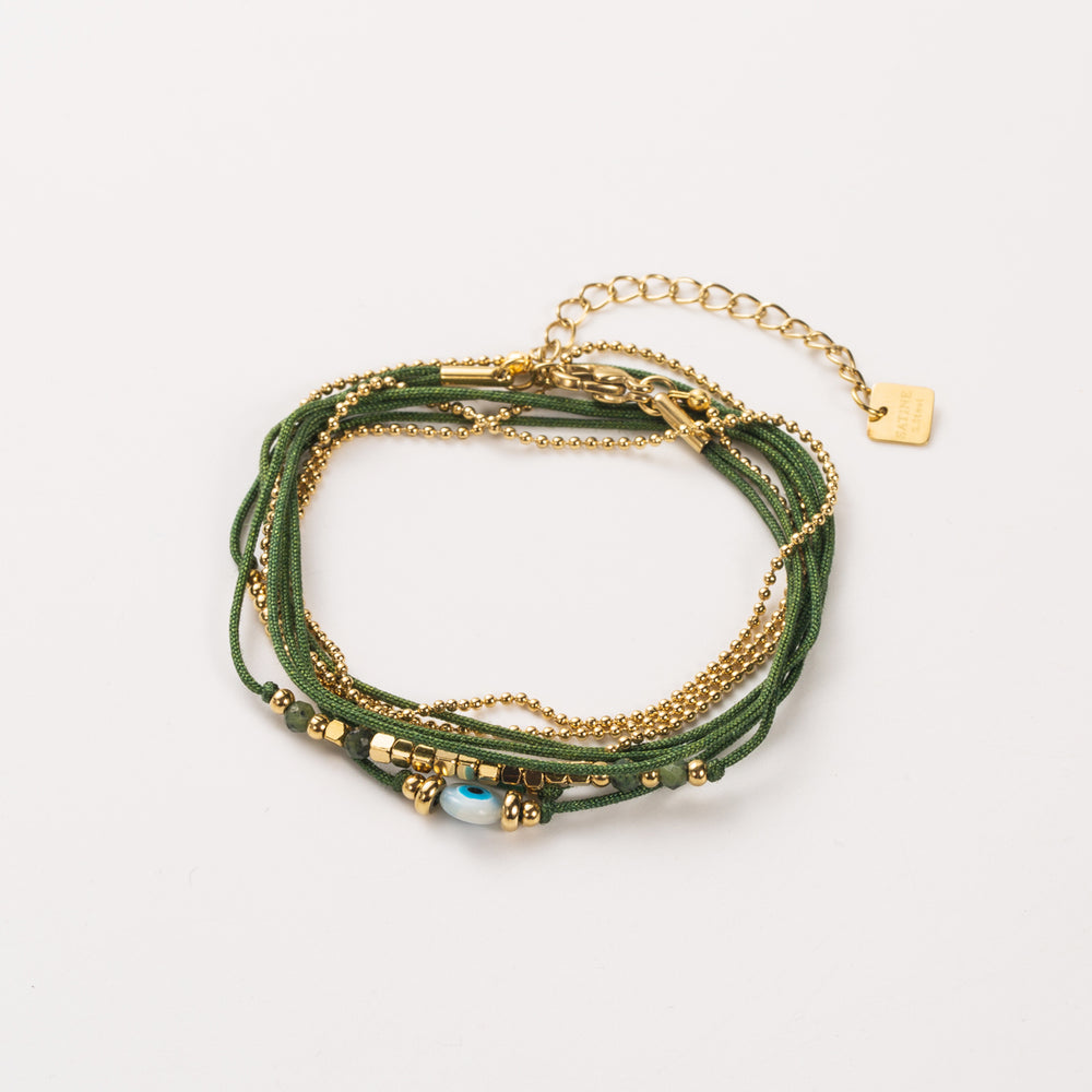 Bracelet en acier inoxydable 3 tours avec motif œil et pierres naturelles malachite
