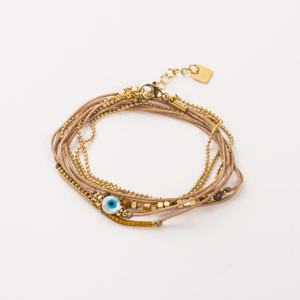 Bracelet en acier inoxydable 3 tours avec motif œil et pierres naturelles oeil de tigre