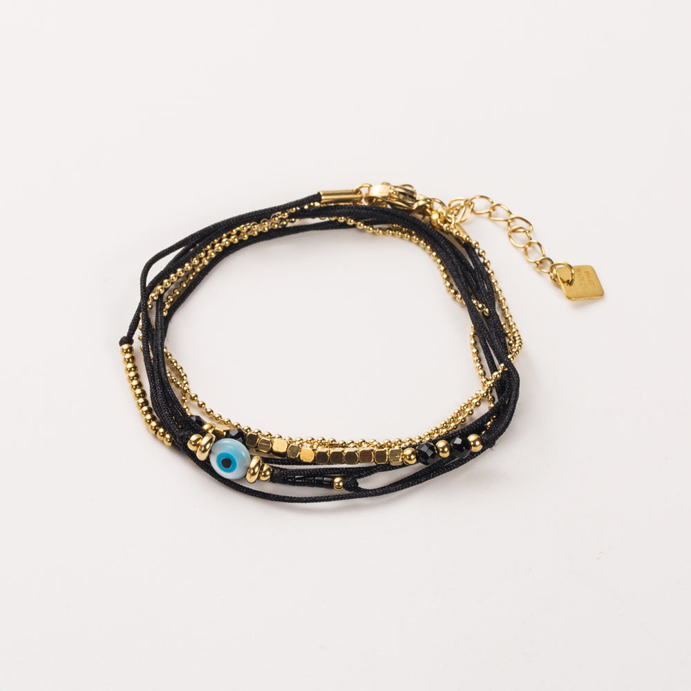 Bracelet en acier inoxydable 3 tours avec motif œil et pierres naturelles onyx