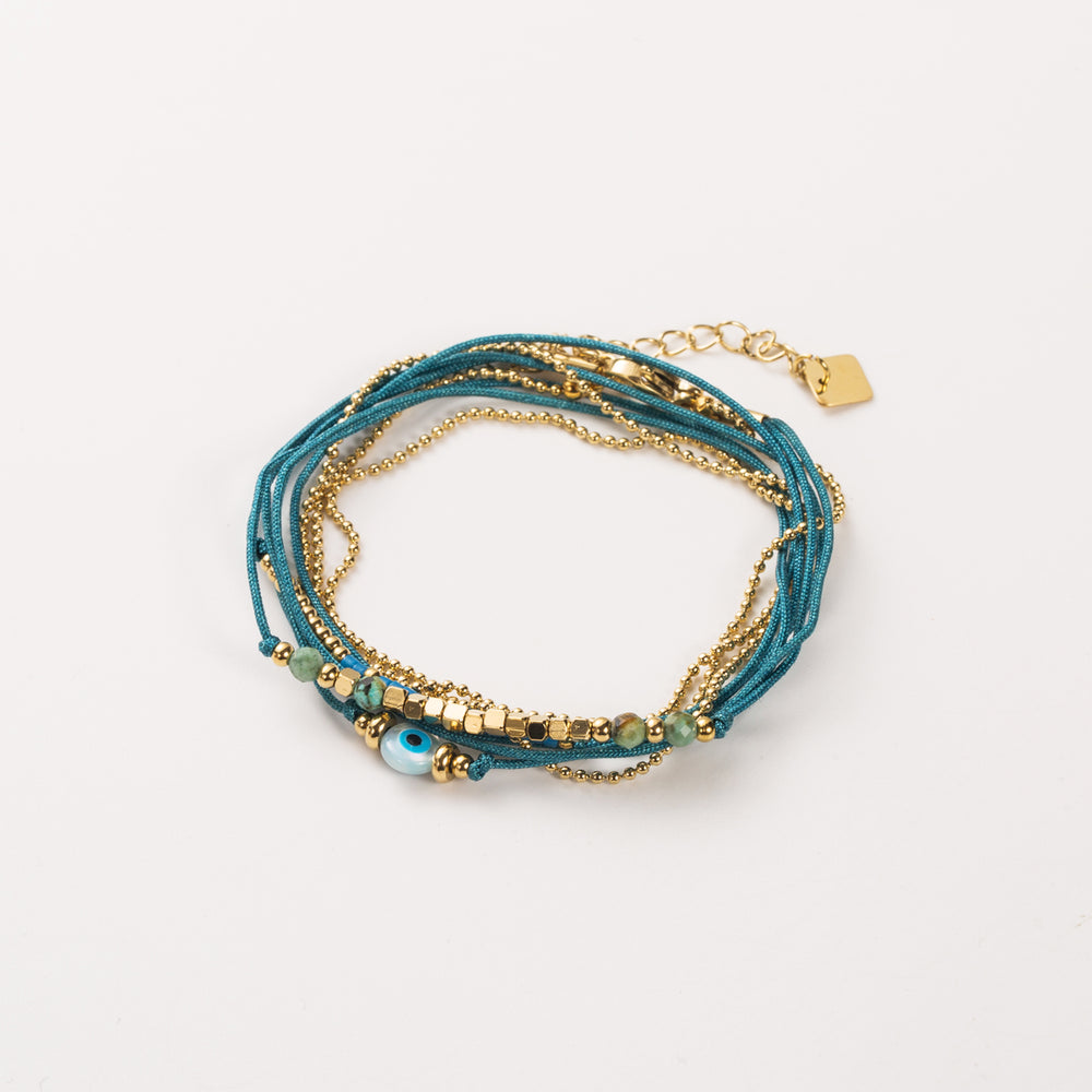 Bracelet en acier inoxydable 3 tours avec motif œil et pierres naturelles  turquoise