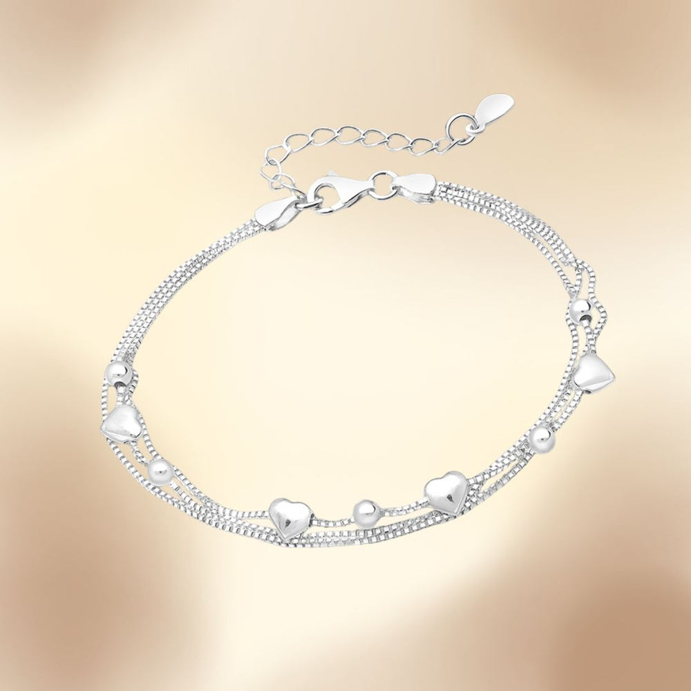 Bracelet argent 925 trois rangs avec cœurs et boules argentées fermoir réglable