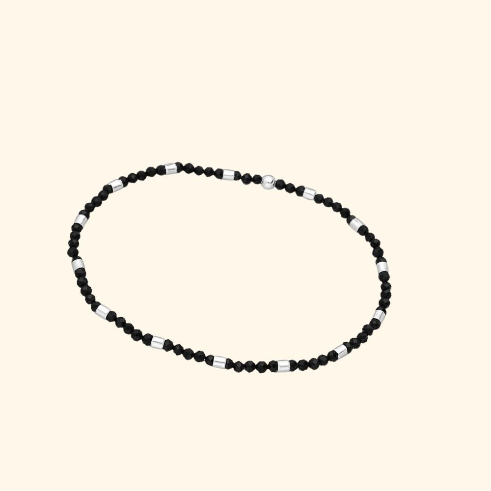 Bracelet élastique en argent 925 et agate noire naturelle