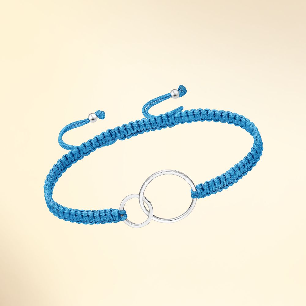 Bracelet en argent 925 avec cordon tressé et anneaux entrelacés bleu