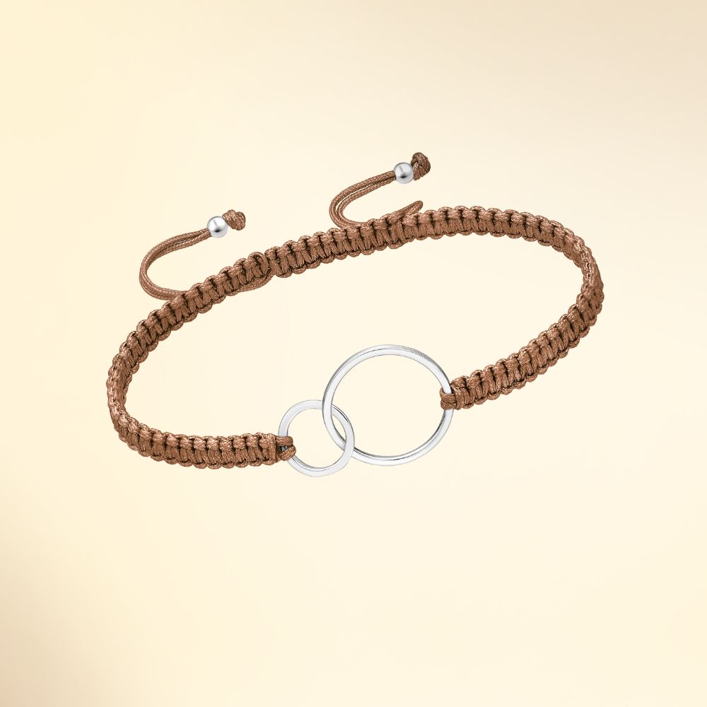 Bracelet en argent 925 avec cordon tressé et anneaux entrelacés brun