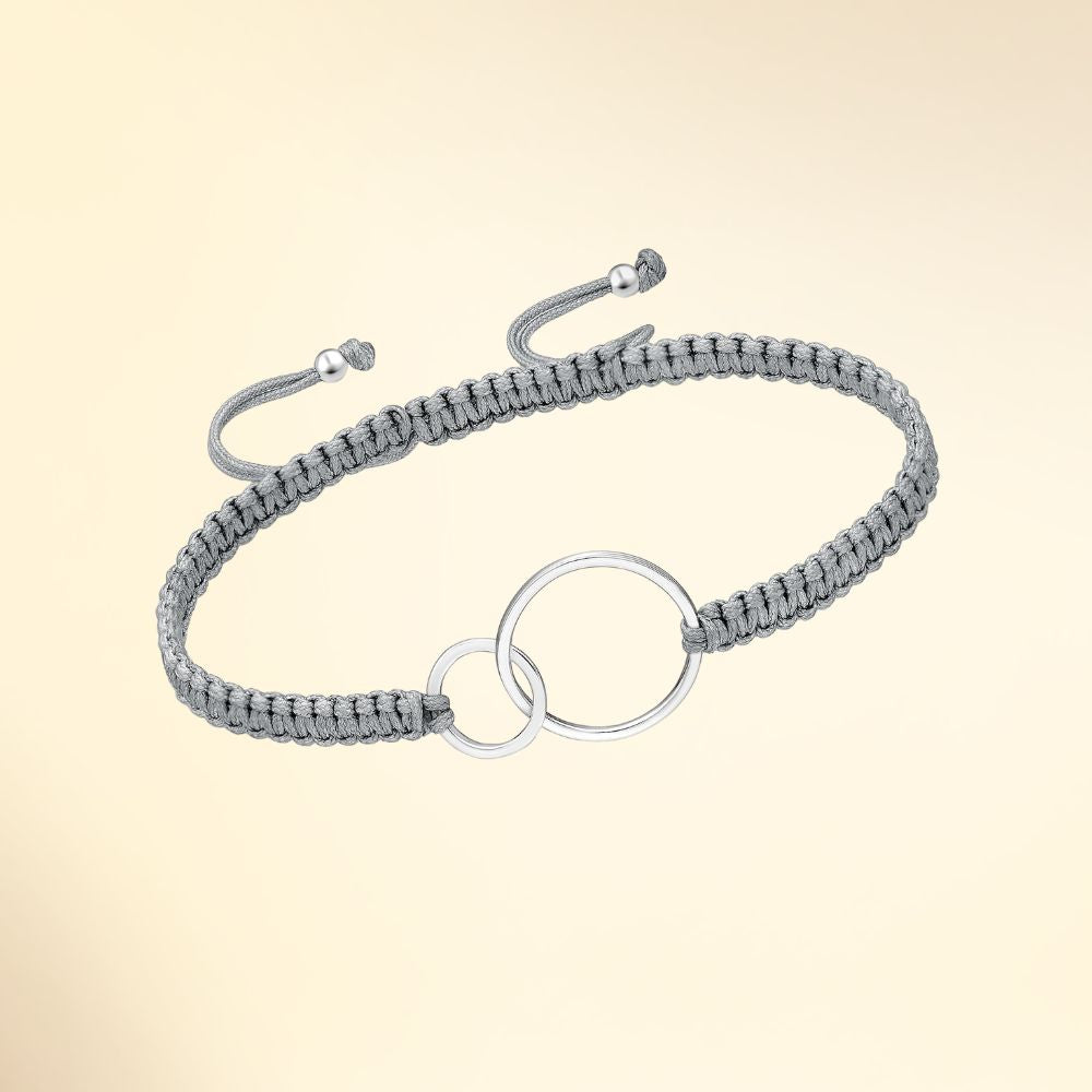 Bracelet en argent 925 avec cordon tressé et anneaux entrelacés gris