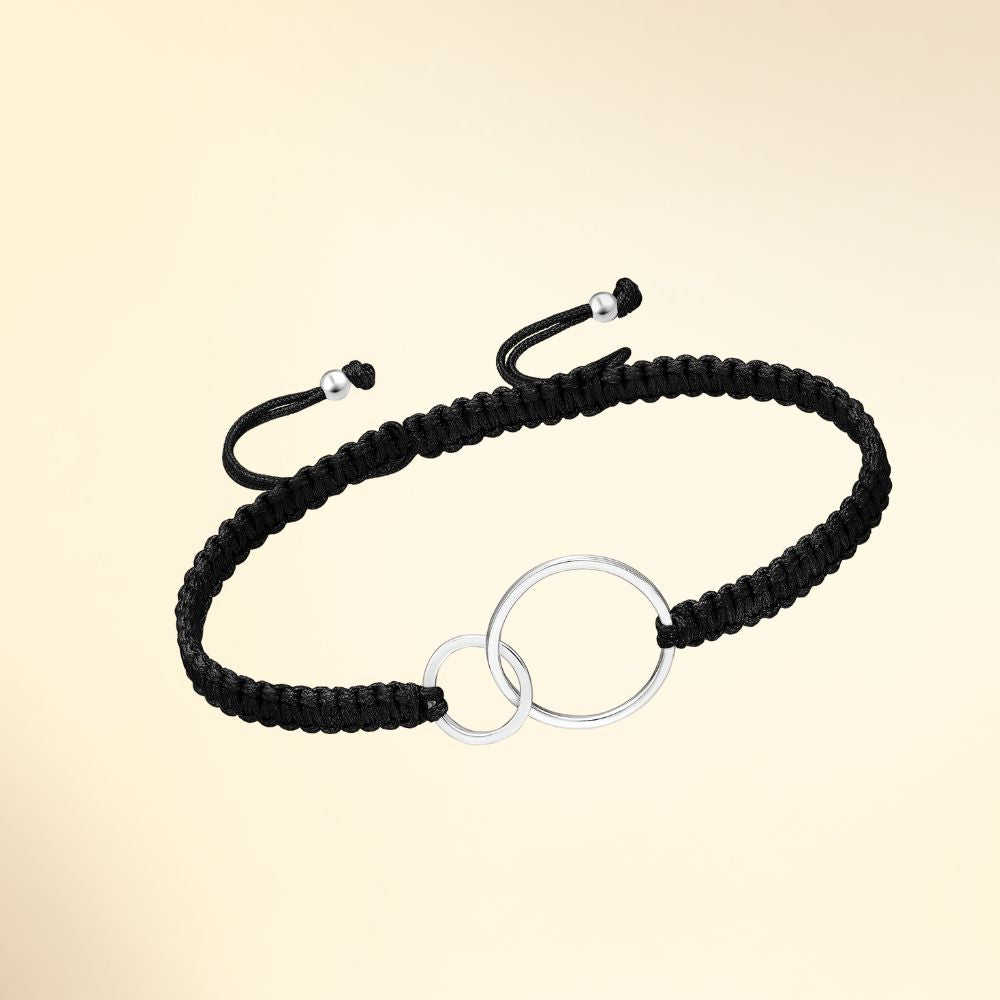 Bracelet en argent 925 avec cordon tressé et anneaux entrelacés noir
