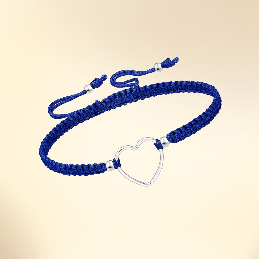 Bracelet cœur en argent sur cordon tressé réglable couleur bleu