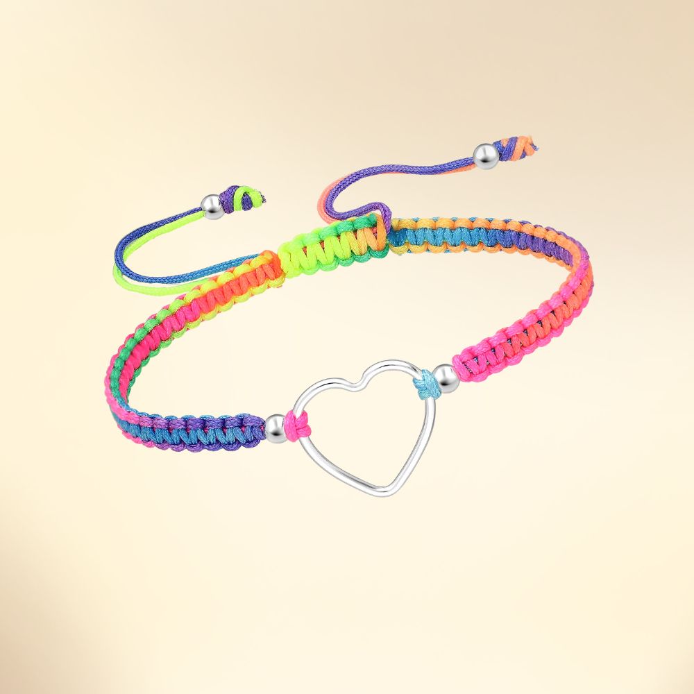 Bracelet cœur en argent sur cordon tressé réglable multicolore