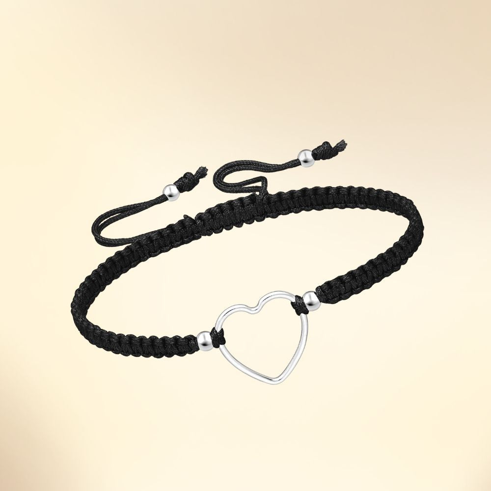 Bracelet cœur en argent sur cordon tressé réglable couleur noir