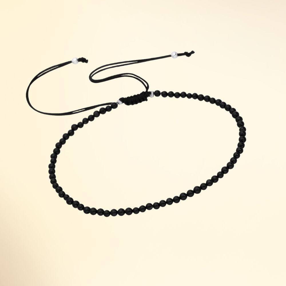 Bracelet réglable cordon noir avec pierres naturelles onyx noir et perles argent 925
