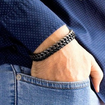 Bracelet homme en cuir tressé noir et acier inoxydable noirci 316L 23cm