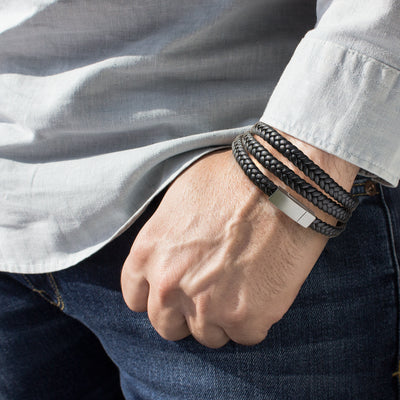bracelet homme multi-tours en cuir tressé noir et acier inoxydable 316L