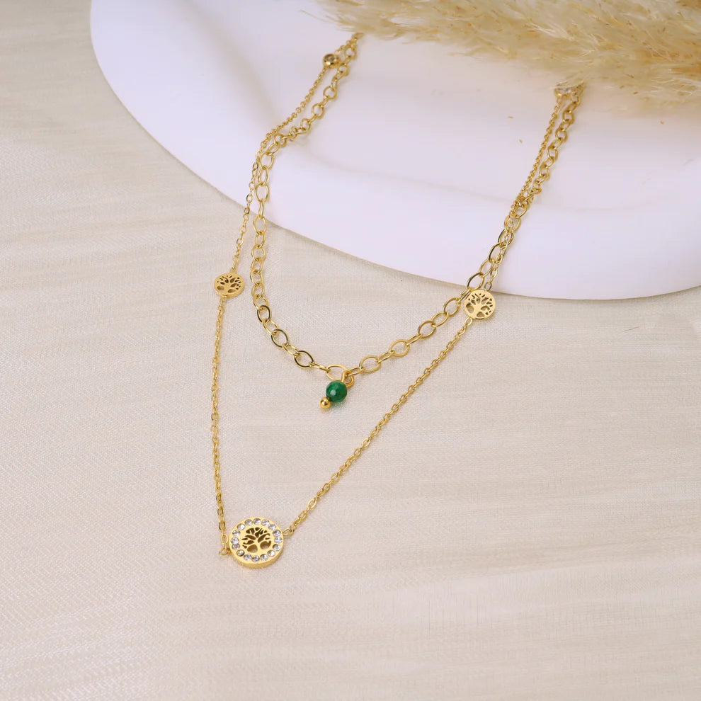 Collier acier inoxydable doré double rang arbre de vie avec strass et perle verte